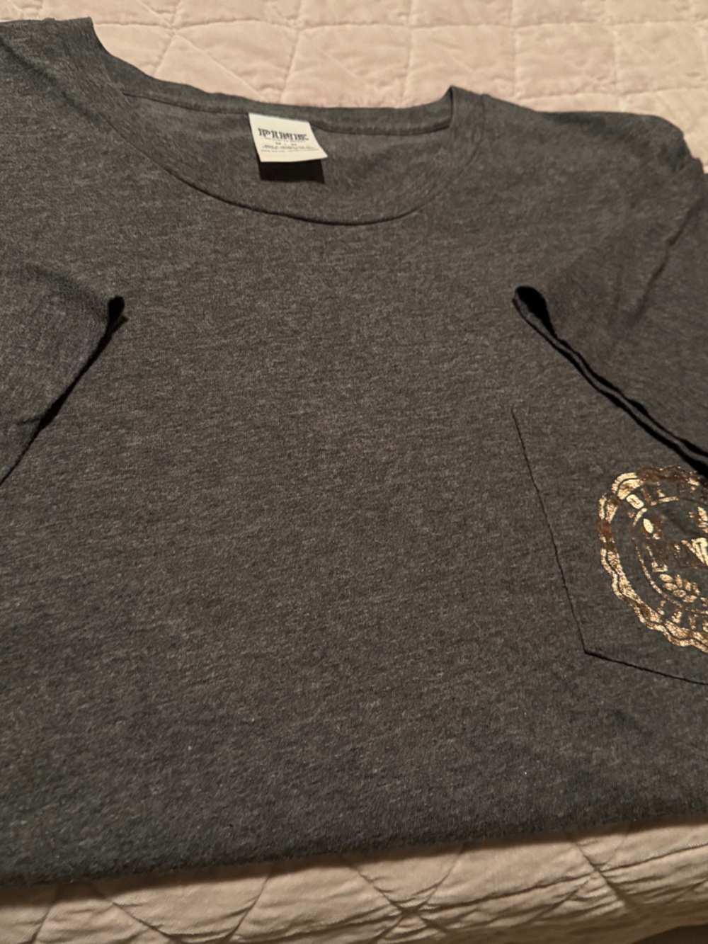 Victoria Secrets t shirt Gray Pocket with Metallic design.